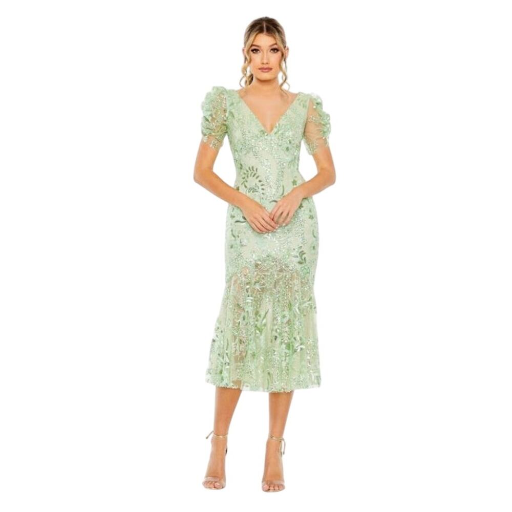 Mac Duggal NWT Sheet Skirt Puff Sleeve Dress in Mint Size 2